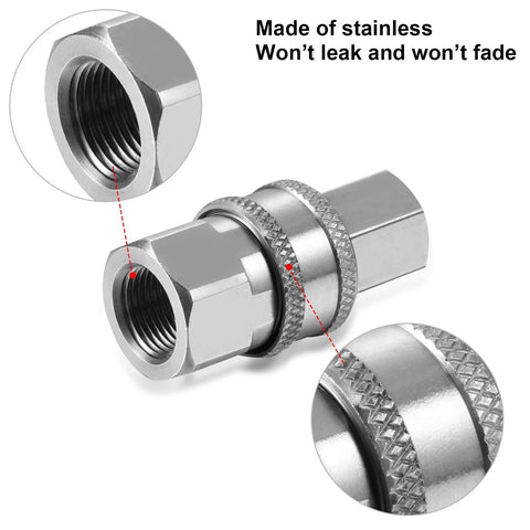 Two-set stainless steel NPT 3/8 in male/female quick connector adapters with knurled grip, internal thread