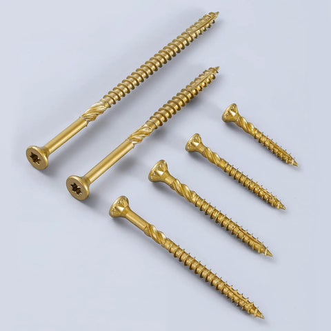Bulk 95 Pack 9 X 2 Inch Deck Screws With Golden Coating T25 Star Drive Bugle Head arranged on white background