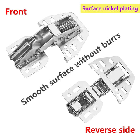 Heavy Duty Cabinet Hinges Set 2 Pack Soft Close Lid Stay Hinges shown in front and reverse with smooth nickel-plated surface.