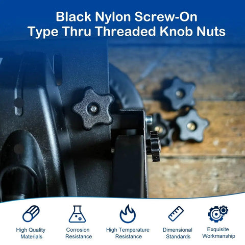 Black nylon screw-on star knob nuts attached to a metal surface with others in background, showcasing use and material.