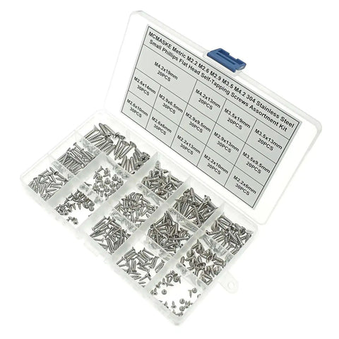 370 Piece Metric 304 Stainless Steel Phillips Flat Head Self Tapping Screws Assortment Kit With M2.2 M2.6 M2.9 M3.5 M4.2 Sizes
