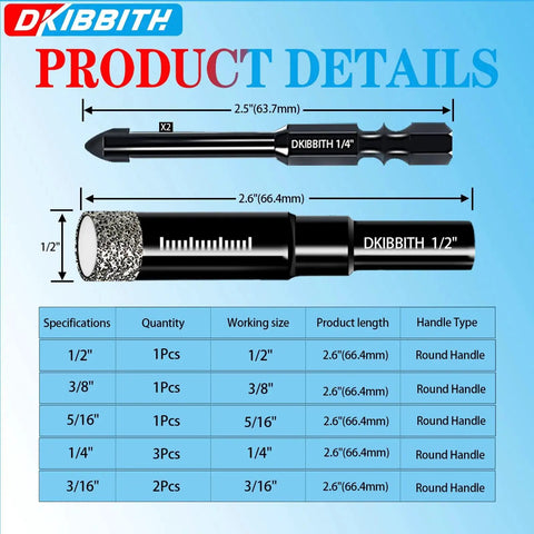 Dry Diamond Drill Bit Set for Tile and Stone with Wax Lubrication Includes Ten Round Shank Bits detail and specifications.
