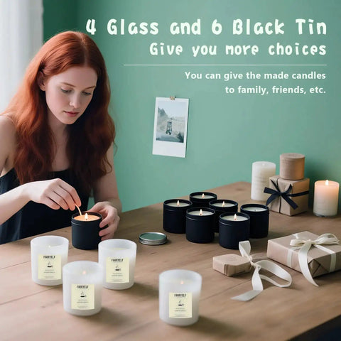 Woman using Premium Candle Making Kit With Wax Melter For DIY Scented Candles Includes Glass Jars And Tin Containers Scents.
