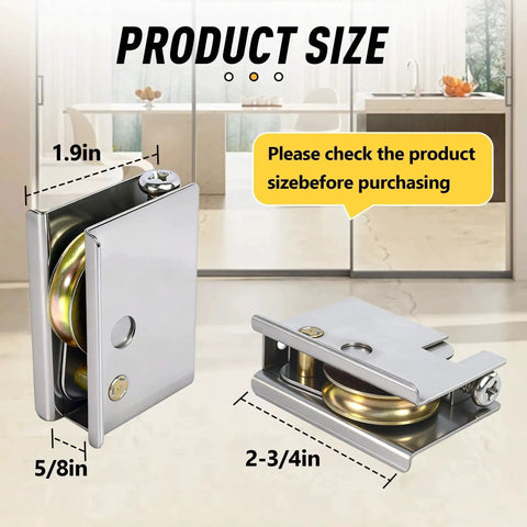 Close-up of Sliding Patio Door Rollers 2-Pack for Pella Doors, 1-1/2 inch steel ball bearing, adjustable height, corrosion-resistant hardware.
