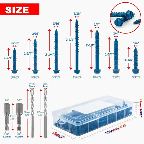 Sizes of Beefed-Up Concrete Screws Kit With Drill Bits And Driver Bits, 200-Piece Set Of Hex Head Anchors for Masonry surfaces