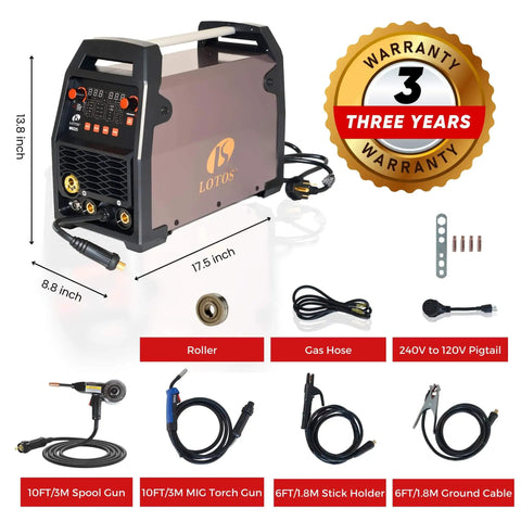 Aluminum Ready Six In One MIG Welder With Spool Gun 225 Amp shown with accessories and dimensions