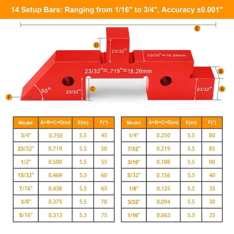 Diagram of Table Setup Blocks for Woodworking, 14pc Aluminum Alloy Precision Bar Kit with measurements and angles in red.
