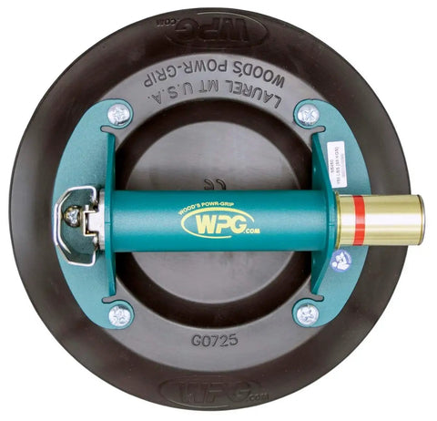 Top view of 9-Inch Metal Handle Suction Cup Lifter for Flat Surfaces, Heavy Duty 150 Lb Load Capacity with red-line vacuum indicator, green handle.