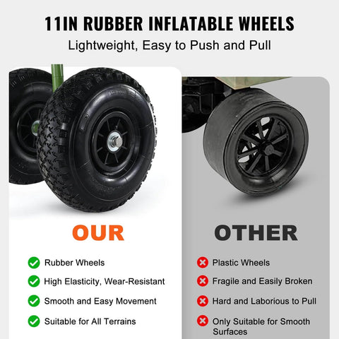 11in rubber inflatable wheels showing durability comparison for the Heavy Duty Folding Fishing Cart With Four 11 Inch Wheels And 300 Pound Load Capacity Rust Resistant Steel Beach Wagon Trolley For Picnic And Eight Rod Holders.