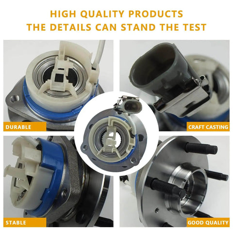 Close-up of 2pc Front & Rear Wheel Hub Bearing Assembly for 2000-2013 Chevy Impala with ABS sensor, highlighting durability and quality.