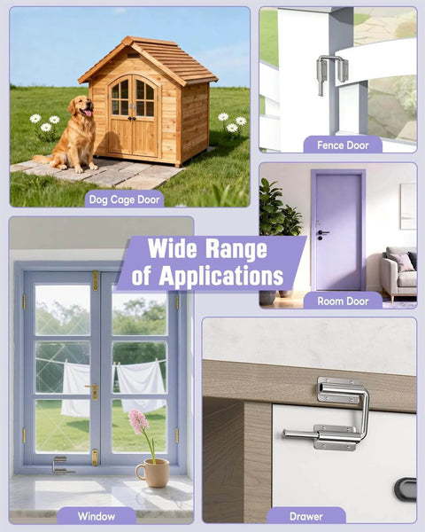 Built Tough Multi Angle Sliding Door Loop Lock on dog cage, fence, room door, window, drawer showcasing versatility.
