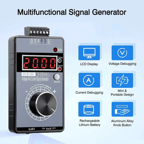 Front view of 2-In-1 Voltage And Current Signal Generator For PLCs with 0-10V and 0/4-20mA Analog Simulator, LCD display, encoder knob