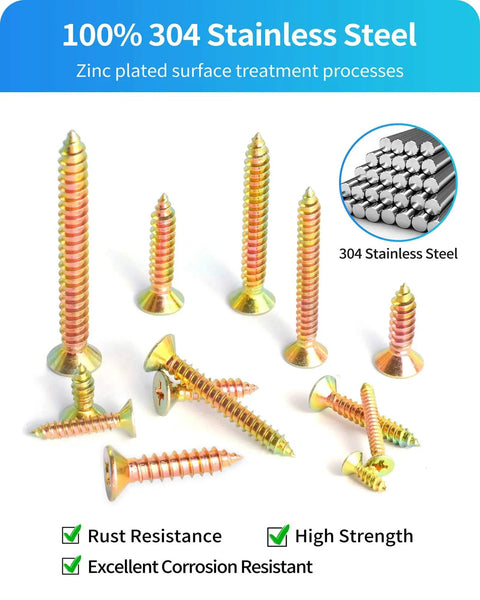 600 Piece Stainless Steel Wood Screws Kit With Zinc Plated Finish, various sizes displayed, 100% 304 stainless steel with rust resistance