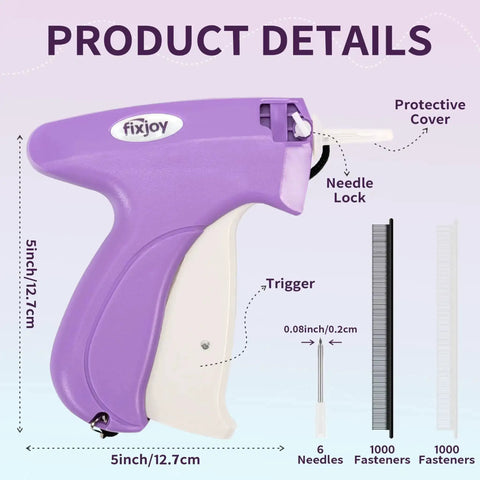 Purple Stitch Gun for Clothes Handheld Sewing Kit with dimensions and features displayed, includes needles and fasteners.
