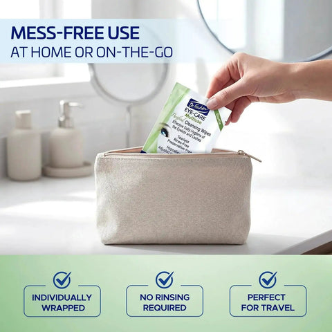 Person placing Hypoallergenic Preservative Free Eyelid Wipes For Sensitive Eyes Twin Pack into a beige cosmetic bag on a bathroom counter.