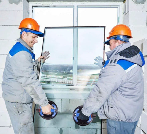 Workers using Heavy Duty Vacuum Lifter Set Of 2 8 Inch Suction Cups With Metal Handle For Lifting Tiles Glass Marble Up To 300 Lbs