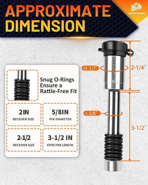 Stainless Steel Trailer Hitch Lock dimensions, Class III and IV, 5/8 inch pin, 2 and 2.5 inch receivers, 8 anti-rattle O-rings, waterproof cap.