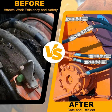 Comparison of damaged vs repaired hydraulic hoses using Three Pack Reusable Hydraulic Hose Repair Kit for quick field repairs.