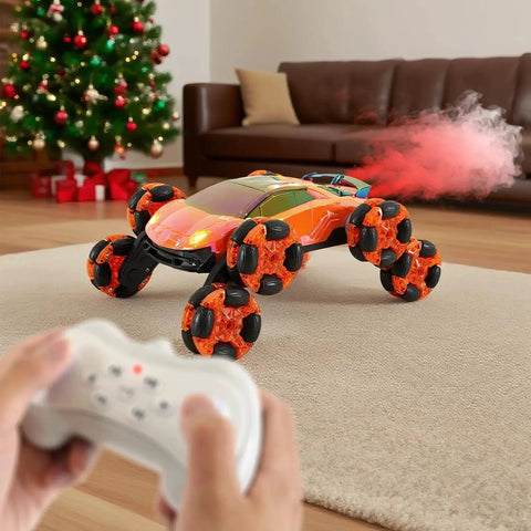 8 Wheel Gesture Sensing RC Stunt Car With 360 Degree Flips And Dual Sided Off Road Driving Lights on carpet with remote control