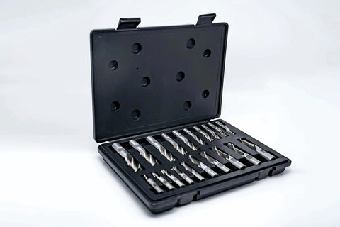 Open case displaying Premium HSS End Mill Set With 20 Pieces Two Flute And Four Flute In A Durable Plastic Case Sizes Three Sixteenth To Three Quarter Inch Center Cutting Ideal For Metal And Woodworking Projects And Professionals