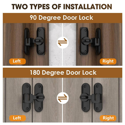 90/180 Degree Barn Door Lock And Latch In Zinc Alloy Black Finish Sliding Flip Hardware illustrating installation on left and right sides of wooden gates