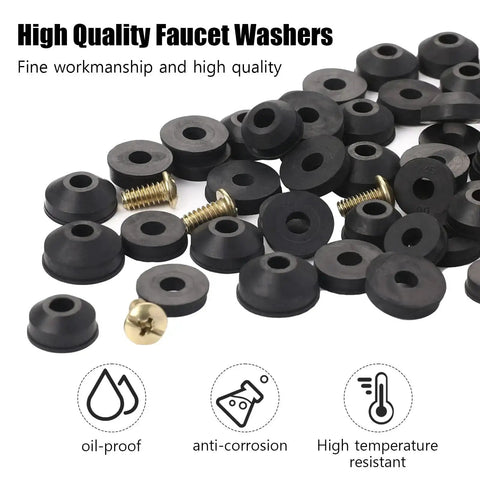Faucet Washer Repair Kit With 58 Pack Flat And Beveled Rubber Washers And Brass Screws For Quick DIY Leak Fix.