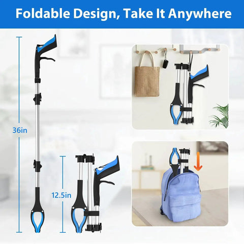Thirty Six Inch Foldable Grabber Reacher Tool with Anti Slip 360 Degree Rotating Jaw Magnetic Tip, folded and full size
