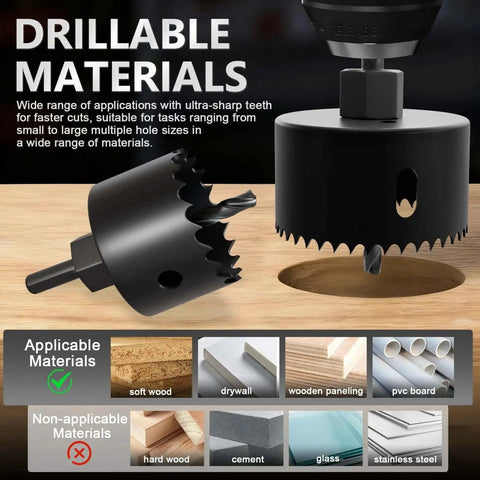 9 Piece Hole Saw Kit With Mandrel And Accessories For Soft Wood PVC Board And Home Projects Includes One And One Quarter Inch One And A Half Inch Two Inch And Two And One Eighth Inch Sizes Plus Hex Key Pilot Drills And Arbors For Precise DIY Drilling demonstrating materials applicability.