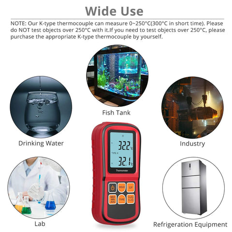 Kamtop digital thermometer, red dual-channel meter with two K-type thermocouple probes and backlit LCD.