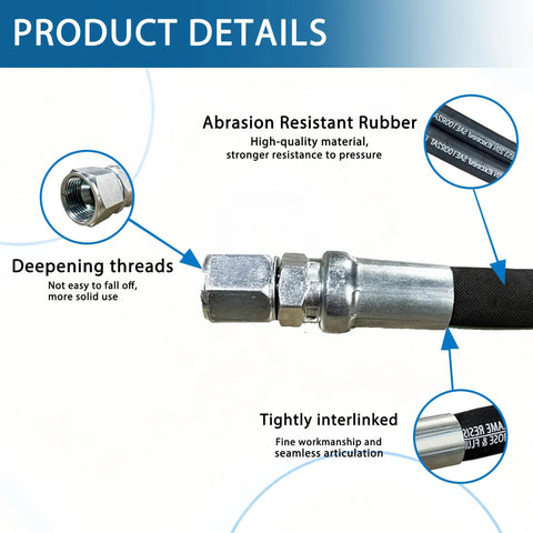 Hydraulic hose swivel assembly 3/4 inch, black rubber hose with metal fittings, front view