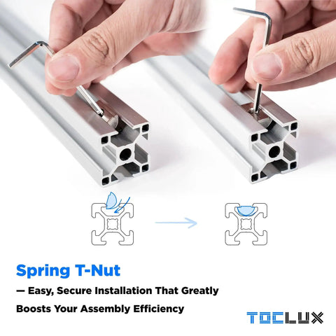 Durable Aluminum Extrusion Corner Bracket Kit For 30 Series T Slot Rails shown with M6 Spring T Nuts and ball-end hex wrench