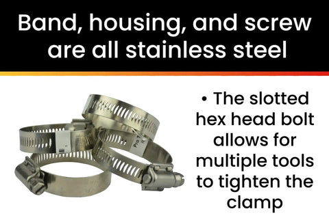 Heavy Duty All Stainless Steel Hose Clamp Set Pack SAE 024 Range One And One Sixteenth To Two Inches with hex head bolt visible