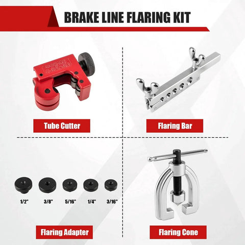 Brake Line Flaring Tool Kit With 5 Adapters For Brass Copper Aluminum 45 Degree showing tubing cutter, flaring bar, adapters, and yoke.