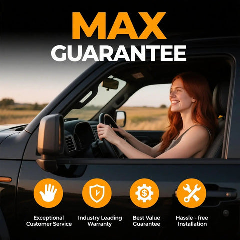 Smiling woman driving a car with max guarantee and service icons displayed, emphasizing exceptional customer service and warranty.