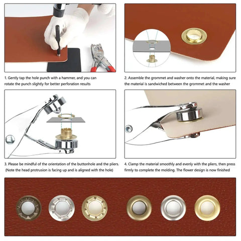 All-In-One Grommet Tool Kit With 1200 Metal Eyelets and Washers in gold, silver, copper for fabric, leather, shoes, crafts DIY use.