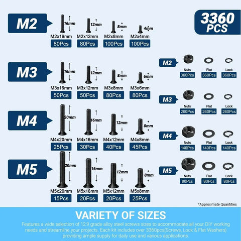 3360Pcs M2 M3 M4 M5 Screws Set With Countersunk Hex Socket Head Cap Screws Nuts Flat Washers Lock Washers 12.9 Grade Alloy Steel Kit