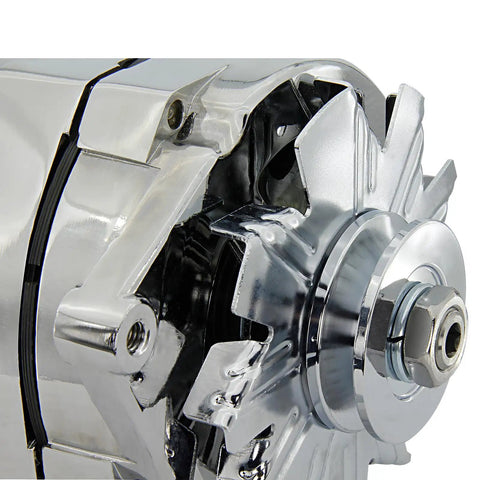 Close-up of One-Wire Self-Exciting 100 Amp Chrome Alternator For Chevy 305 350 SBC Street Rods Replaces 7127SECN100A 1100125.