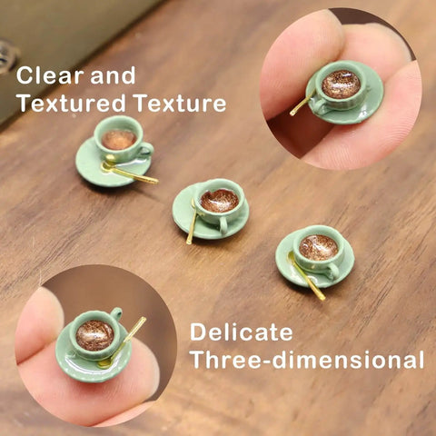 Whimsical Tiny Magnetic Tea Cup Decor Set For Doors Three Teacups Saucers And Gold Spoons Green Magnetic Hinge Head Mini Figurines