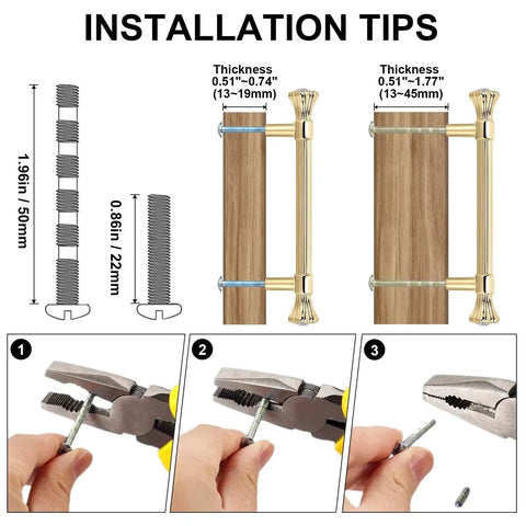 Gold Cabinet Pulls 4 Pack Crystal Dresser Drawer Handles installation guide with screw adjustment tips and tools shown.