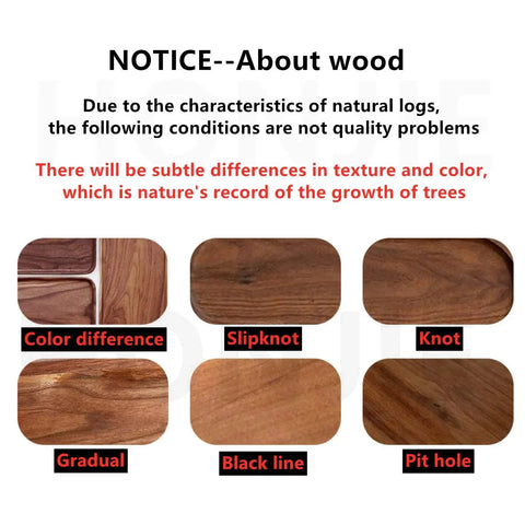 Notice about natural wood variations including color differences, slipknots, knots, gradual tones, black lines, and pit holes.