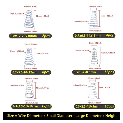 Cilky conical compression springs set, 304 stainless, assorted sizes with counts: 2,4,6,12,12,10 pcs, Amazon.