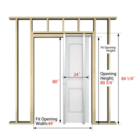 Smooth Sliding Pocket Door Kit 24x80 With Raised 2 Panel Arch Top White Primed Door Slab Installed in Frame with Measurements