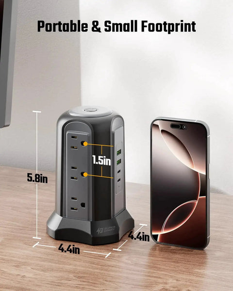 Nine Outlet Tower Surge Protector With Four USB Ports And A 10 Ft Cord, Grounded Plug In Desktop Charging Station, 1080 Joules, Three Prong Power Strip For Home And Office, Black. Shown beside a smartphone for size comparison.