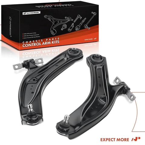 Two Front Lower Control Arm Kit With Ball Joints And Bushings For Nissan Rogue 2014 2020 Rogue Sport 2017 2022 And Qashqai 2017 2023 Keeps Your Ride Smooth And On Point, showing black steel control arms with ball joints and bushings.