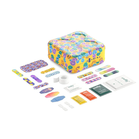 Everyday First Aid Kit with flexible fabric bandages, waterproof tape, nonstick pads, ointments, and ibuprofen by Welly, displayed.