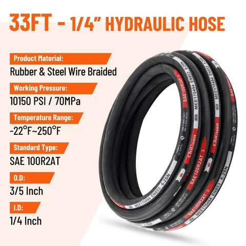 Racewill 33ft 1/4in hydraulic hose with 16 fittings; rubber & steel braided, SAE 100R2AT, 10150 PSI, I.D. 1/4in.