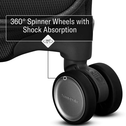 Close-up of black spinner wheels on Ultra Light Expandable Softside Carry On With Spinner Wheels For Airline Travel, Eco Friendly Recycled PET Fabric