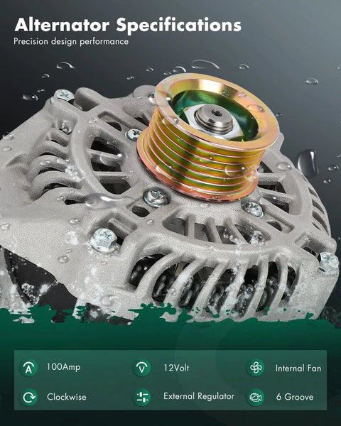 Close-up of a Plug And Play Alternator Replacement For Mazda CX5 CX3 MX5 Miata Mazda 3 2013 2019 2021 2.0L 2.5L Mazda6 2014 2021 And Toyota Yaris Yaris iA Scion iA 12V 100Amp 6 Groove Ready To Roll With OEM Grade Power showing specifications.