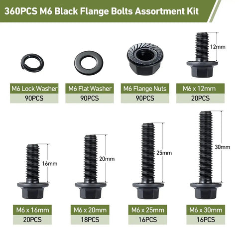 All-In-One Metric Flange Bolt Kit With 360 Pieces M6 Bolts And Serrated Nuts Plus Washers And Lock Washers Heavy Duty 10.9