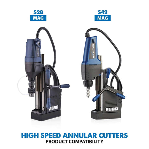 High-speed annular cutters on magnetic drill presses showing product compatibility with S28 and S42 MAG drills.